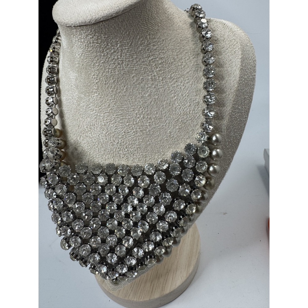 Vintage Weiss Rhinestone Faux Pearl Bib Necklace Silver Tone MCM Statement 16.5"